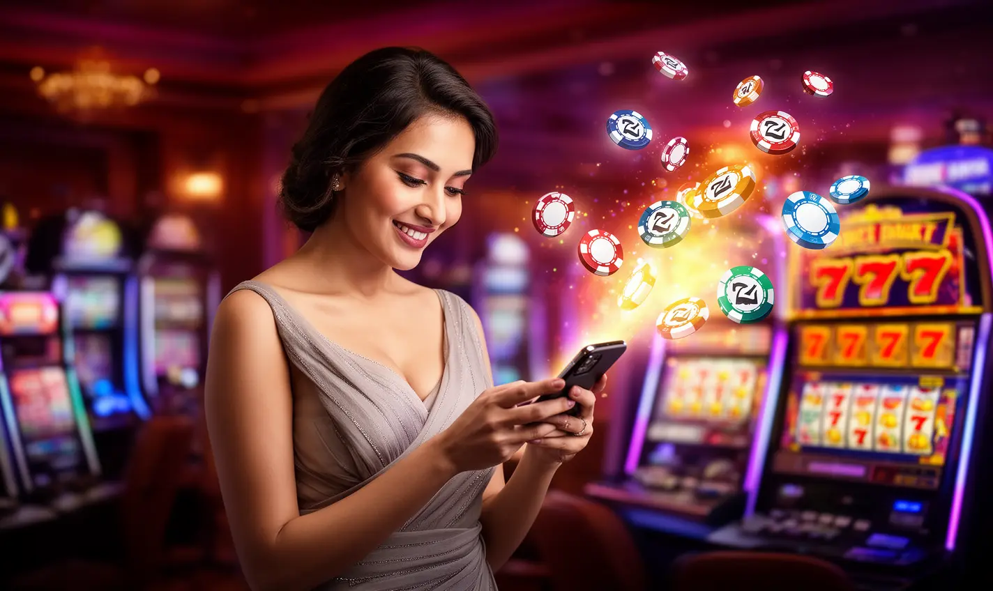 Confident Bangladeshi woman using the 91BD casino app on her smartphone surrounded by glowing poker chips and 777 slot symbols