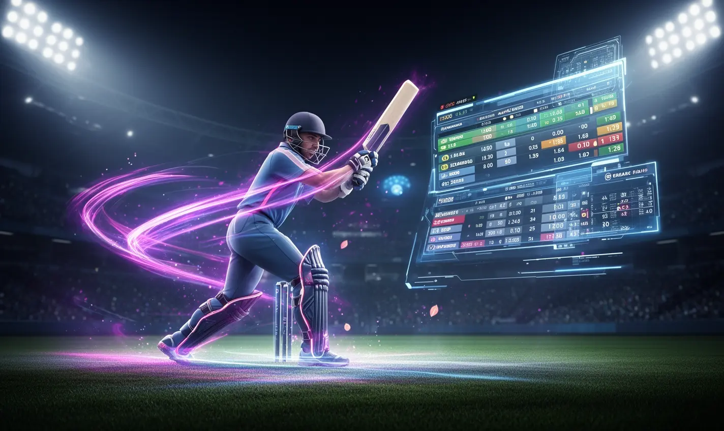 Futuristic cricket player with neon trails and a holographic betting interface showcasing live sports betting action on 91BD in Bangladesh