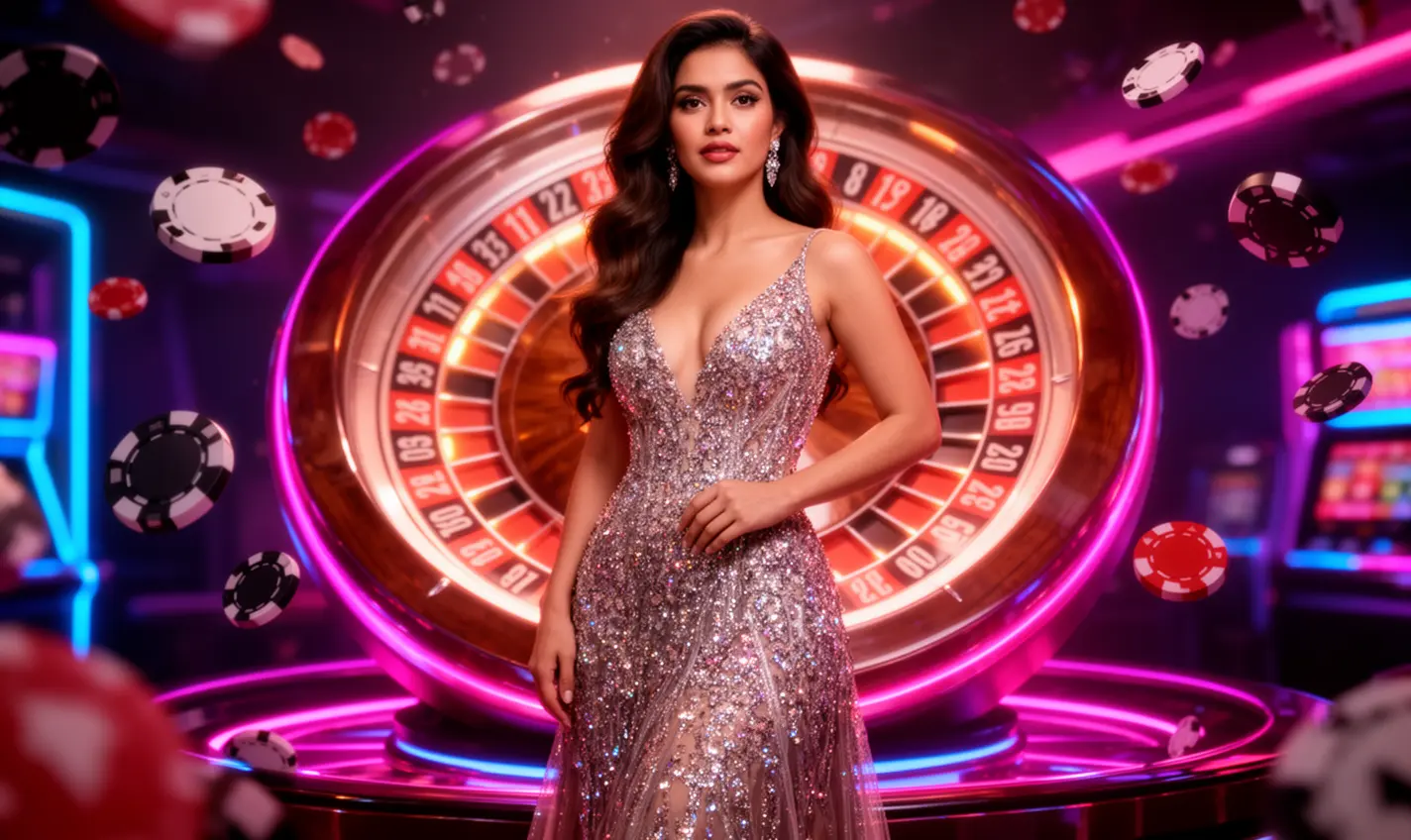 Stylish casino woman posing before a radiant roulette wheel symbolizing premium gaming rewards and excitement at 91BD Bangladesh
