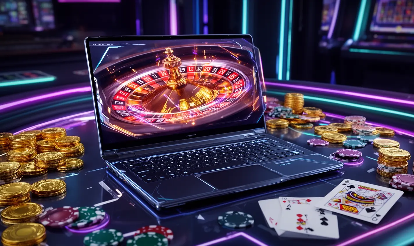 Modern laptop displaying a vibrant online roulette wheel with gold casino coins and chips highlighting immersive live casino action at 91BD