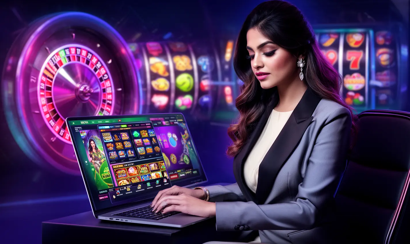 Focused casino player enjoying digital roulette style games on a laptop with vibrant neon visuals at 91BD online casino platform in Bangladesh