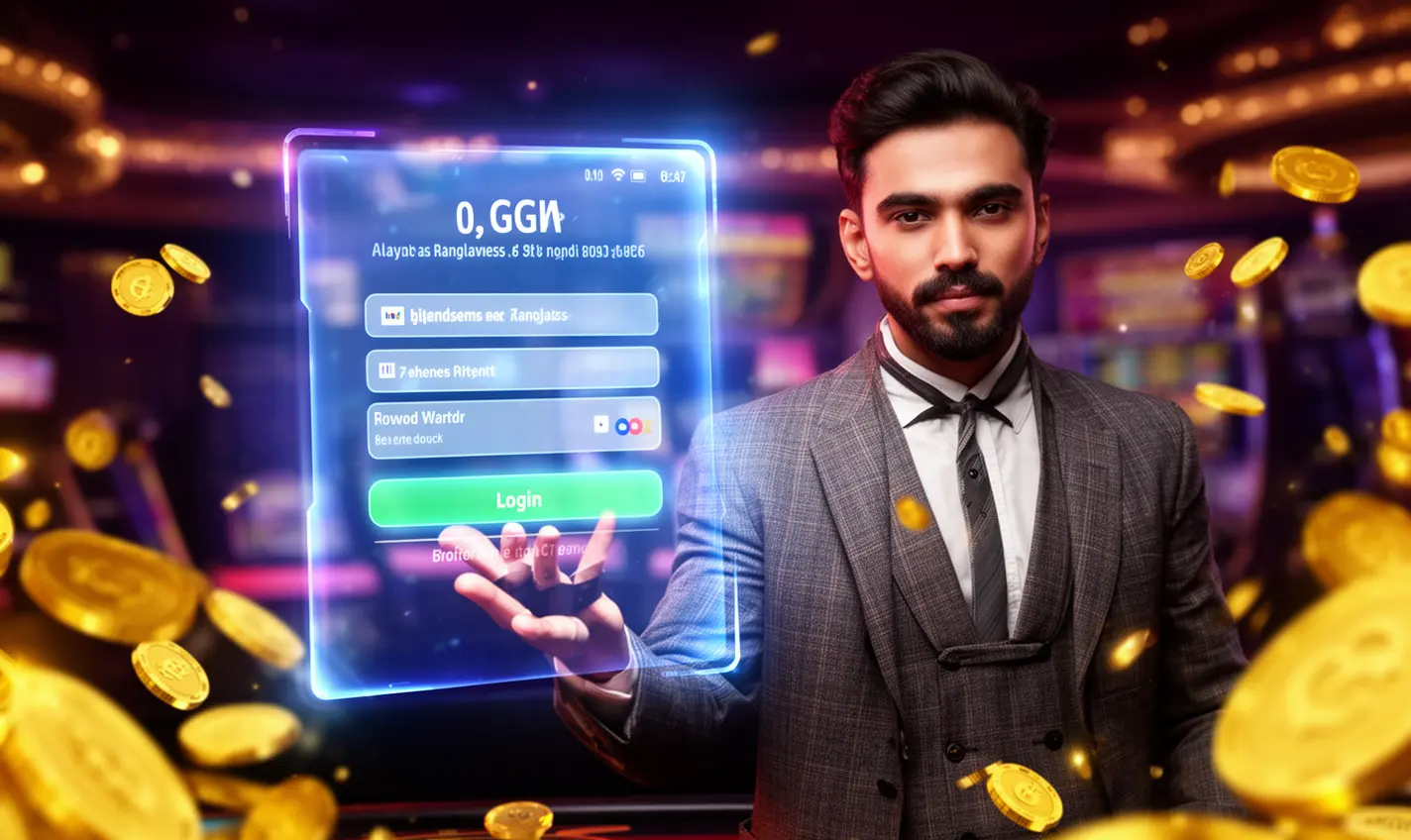 Confident Bangladeshi casino host surrounded by golden coins pointing forward with a glowing 91BD login interface behind him