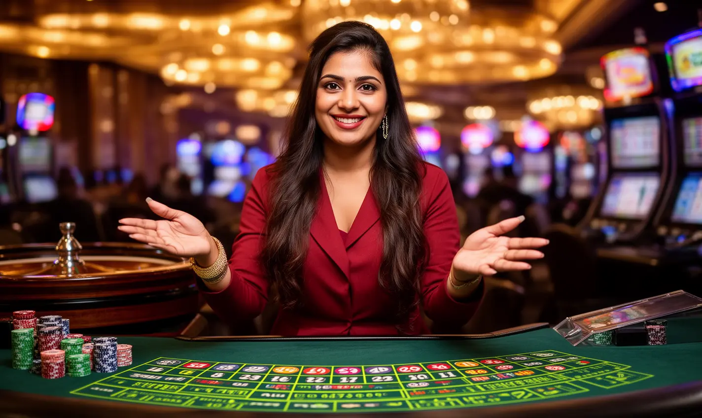 Elegant live casino dealer presenting a roulette table with bright casino lights behind her, showcasing the premium live gaming atmosphere at 91BD for players in Bangladesh