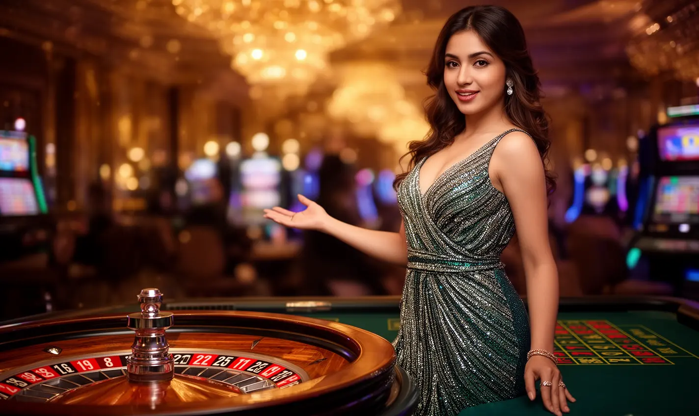 Elegant live casino dealer in a luxury red dress presenting a roulette table in a vibrant casino setting showcasing the premium live gaming experience at 91BD for players in Bangladesh