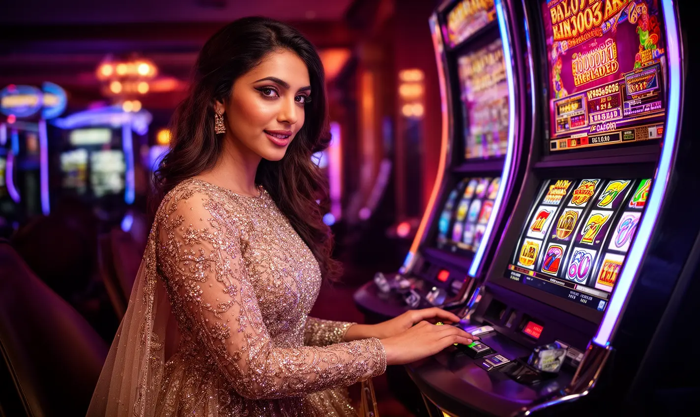 A glamorous woman in a sparkling silver dress standing among glowing slot machines and neon casino lights at 91BD casino in Bangladesh